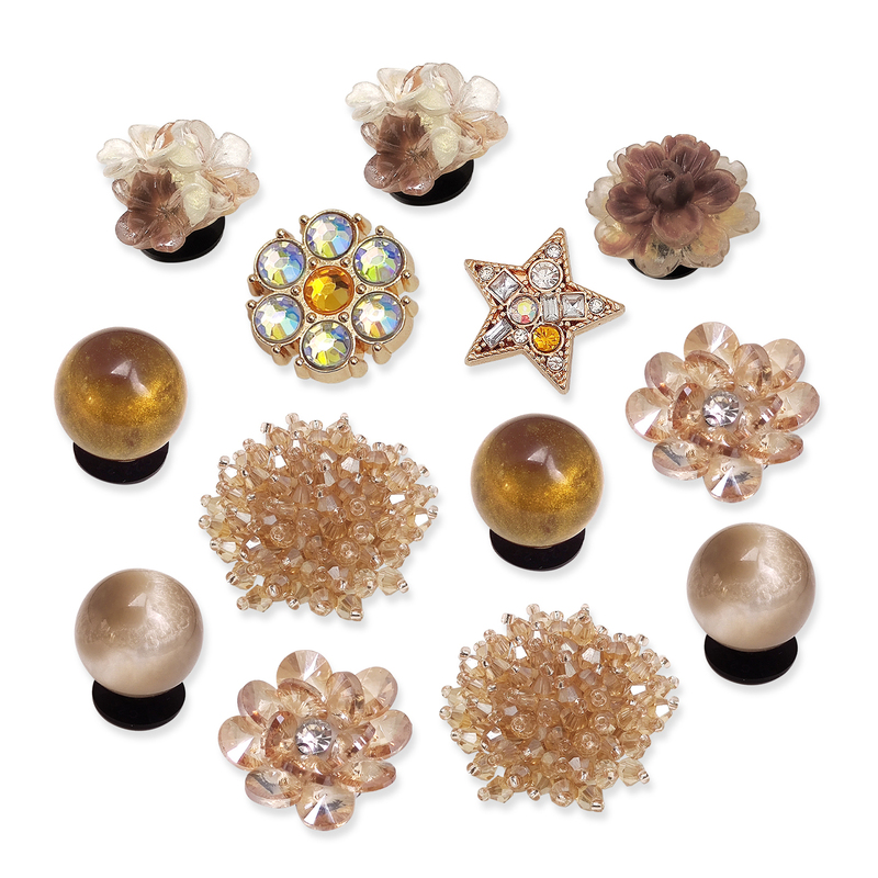Warm Gold Crushed Crystal Paired with Crocs Ballet Clogs, Shoe Charms in Brown Crystal Pearl Texture