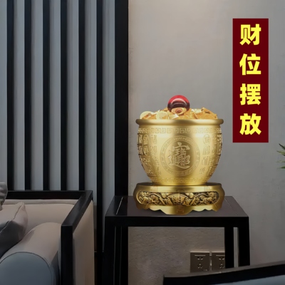 纯黄铜百福缸聚宝盆摆件黄铜米缸全铜存钱罐客厅家居大号百福缸