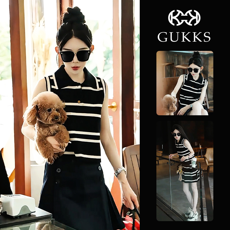 Gukks Chanel-Style Striped T-Shirt for Women, Summer High-End Polo Collar Black and White Color-Blocking Sleeveless Knit Tank Top