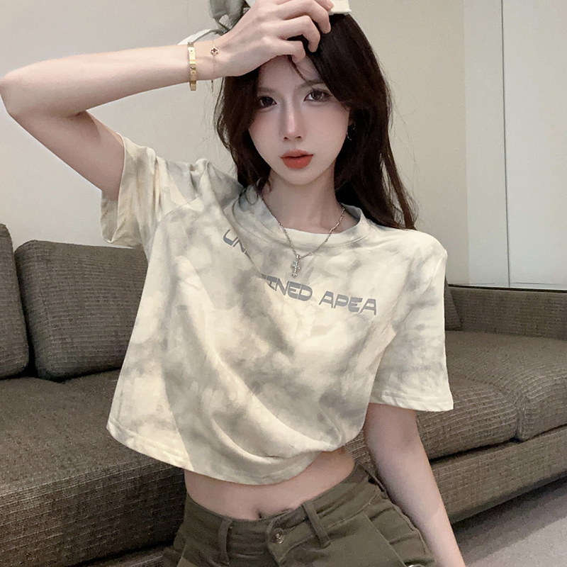 Plus-Size Tie-Dye Short-Sleeve T-Shirt for Women, Summer, Loose Fit to Cover Belly, Slimming, Short Style, Sweet and Spicy Top