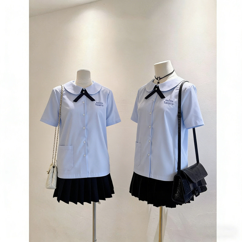 Jk Uniform Blue Short-Sleeved Shirt for Girls, School Style, Summer Student College Style, Thai-Style Round Neck School Uniform Top Set
