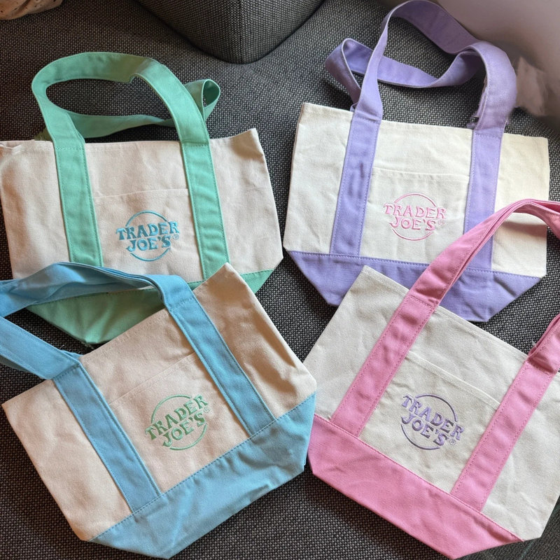 American Trader Joe's Color-Blocked Large-Capacity Shopping Bag Canvas Tote Shoulder Bag Macaron