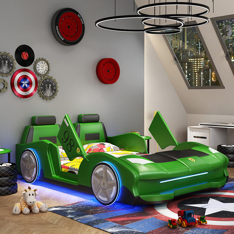 Children's car bed boy cartoon cool sports car leather bed 1 2 meters multi-function with guardrail baby single bed