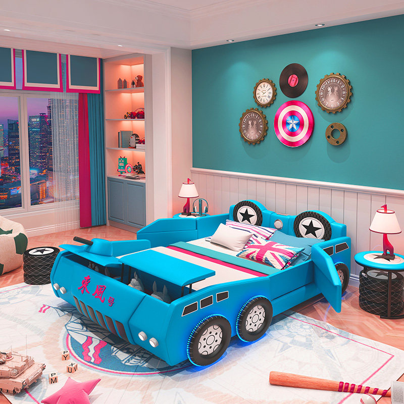 New multifunctional children's bed boy girl with guardrail cartoon car leather bed 15m creative tank bed
