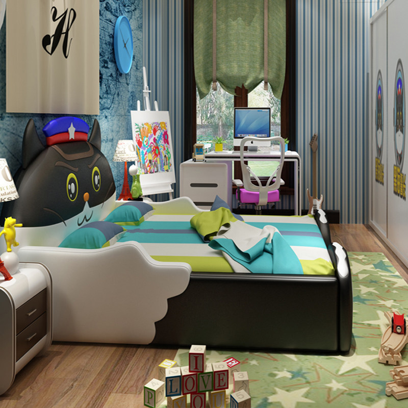 Children's single bed 1 5 m with storage personality cartoon real bed for children with guardrail black cat sheriff