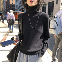 2021 autumn winter new pure color blouses high collar black heaps heaps of undershirt hewn with long sleeves Knitted Sweatshirt Woman