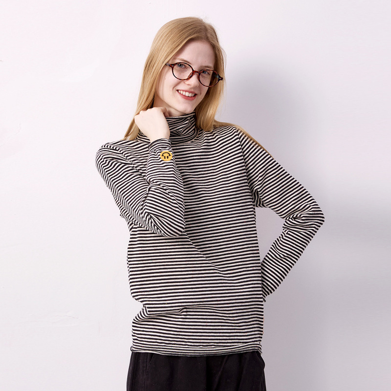 Qinian Original Striped Knit Sweater with Rolled Edges, High Neck, Stacked Collar, High-Neck Top, Basic Sweater for Layering