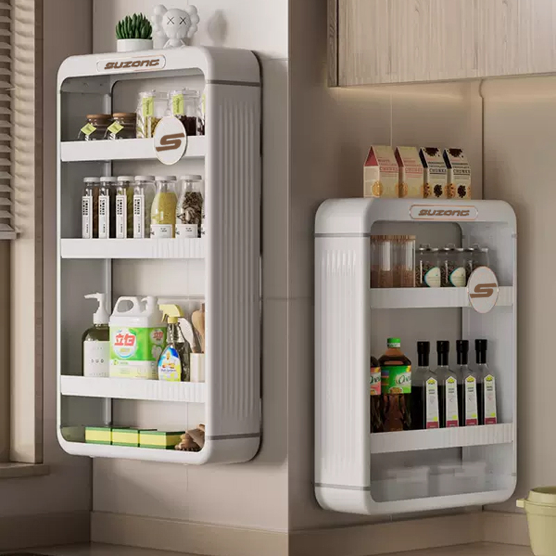 Wall-Mounted Kitchen Storage Rack, No-Drill, for Oil, Salt, Sauce, Vinegar, Multifunctional Seasoning Jar, Spice Box
