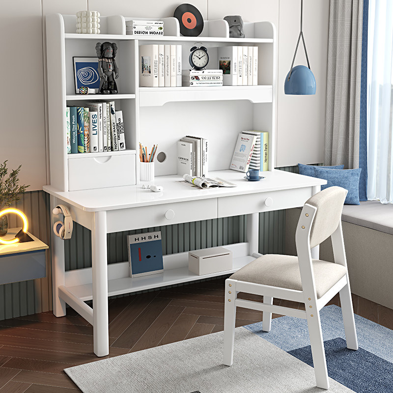 Simple wind white desk solid wood with bookshelf with drawers for primary school students home learning desks and chairs room