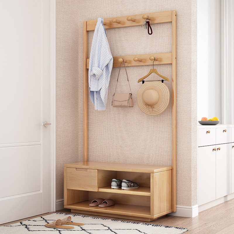 Solid wood Nordic clothes hanger integrated home bedroom coat rack multi-functional floor hanger solid wood shoe changing stool - Taobao