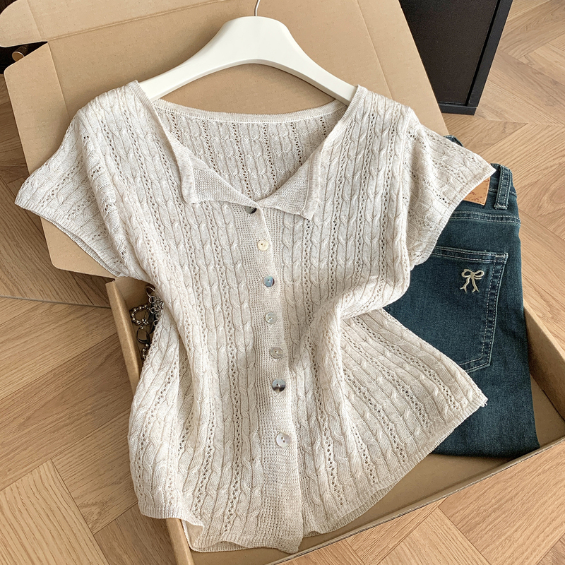French Casual Style Hollow Short-Sleeved Knitted Cardigan for Women, Summer Korean Design, Versatile Thin Knitted Top French Casual Style Hollow Short-Sleeved Knitted Cardigan for Women, Summer Korean Design, Versatile Thin Knitted Top