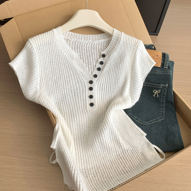 Korean Style Hot Girl White V-Neck Short-Sleeved Knit Top for Women, Summer Thin Ribbed Slim Fit Tie Versatile Workwear Top