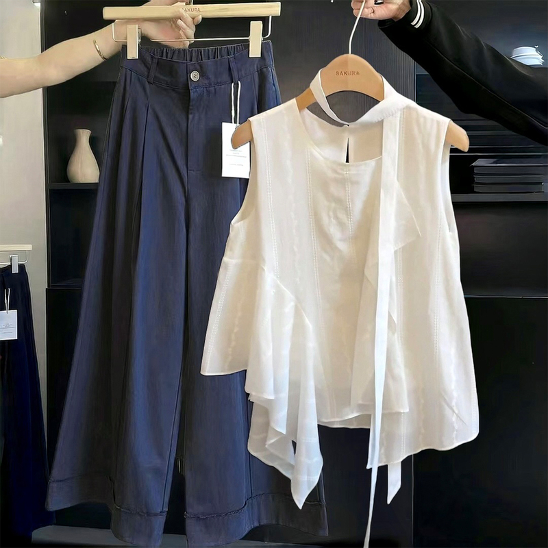 【Moonlight Wind】Irregular Jacquard Embroidery Sleeveless Vest Shirt for Women, Summer Design with Ribbon Detail Top