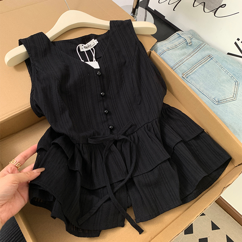 Black High-End V-Neck Bow-Tie Shirt for Women, Super Pretty Summer Sleeveless Vest Top with Ruffled Hem