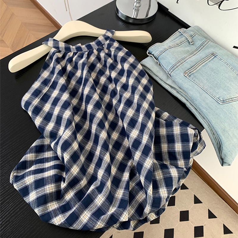 Retro Hong Kong Style Chic Plaid Patchwork Puffy Halter Neck Sleeveless Vest Shirt for Women Summer Design Flower Bud Top