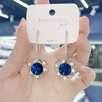 Blue electroplated 925 silver needle new live style earrings real gold geometric hollow flower crystal full diamond earrings