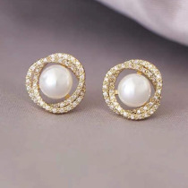 (True Gold Swirl) Gate Silver Needle Korea Dong s925 Micro-studded Diamond Stud Earrings Hollow Electroplated Pearl Earrings