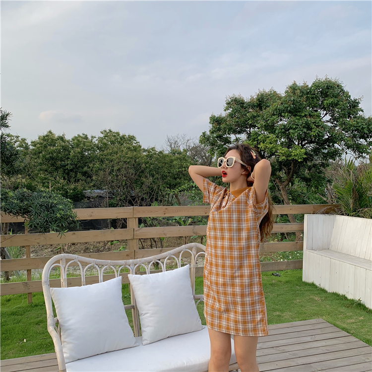 VK旗艦店 韓系格紋復古文藝polo短袖洋裝