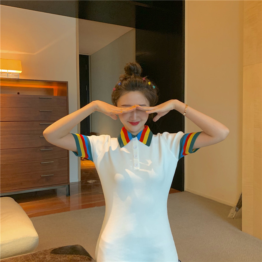 VK旗艦店 韓系小清新polo彩虹領針織短袖洋裝