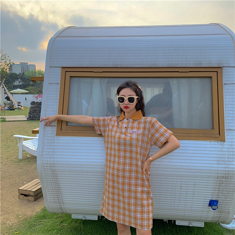 VK旗艦店 韓系格紋復古文藝polo短袖洋裝