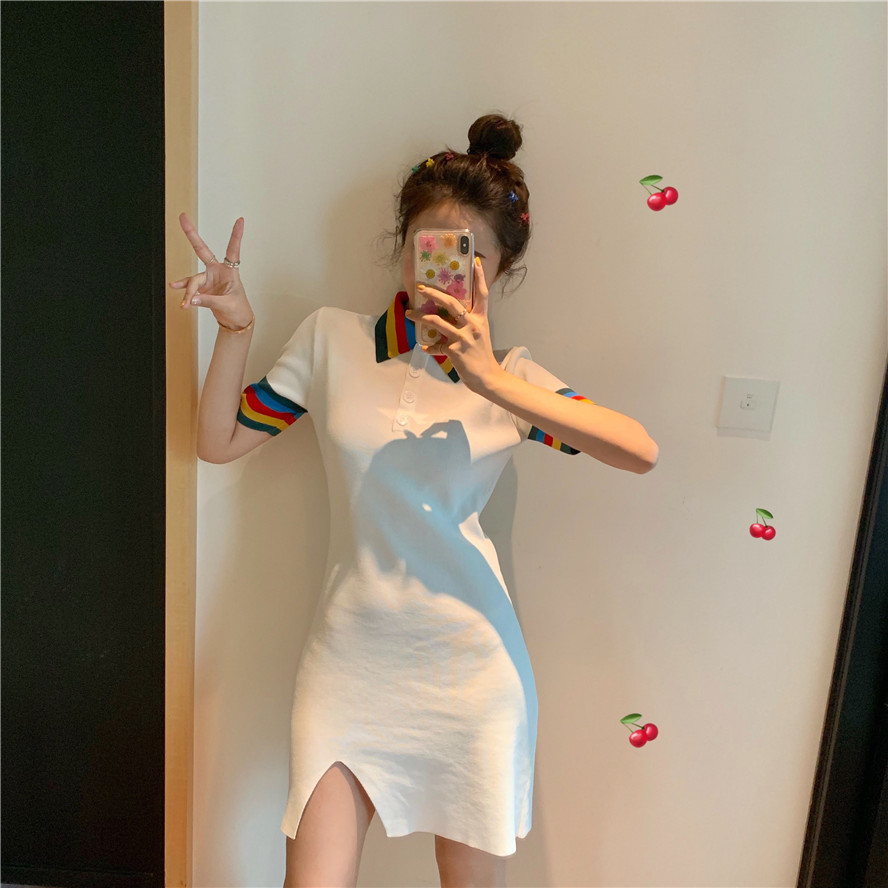 VK旗艦店 韓系小清新polo彩虹領針織短袖洋裝
