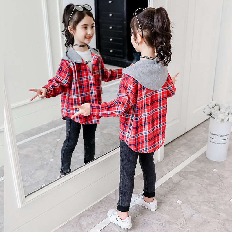 Girl Shirt 2022 Spring Autumn Long Sleeve Plaid Little Girl Blouse With Cap Foreign Pie 100 Hitch Children's Shirt