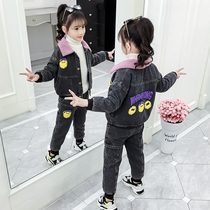 Girls denim suit plus velvet thickened autumn and winter two-piece set 2022 new childrens clothing childrens spring dress little girl Foreign