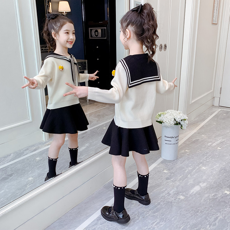 Girl Sweater Set 2022 new fresh children's deep autumn dress two long - sleeved naval wind knitting pie