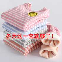 Girls warm tops plus velvet childrens autumn clothes trousers set cotton underwear autumn and winter cotton sweater thick female baby