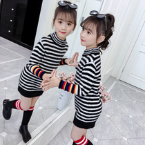 Girls Sweater 2021 New Autumn and Winter Tong Tong plus velvet Thick Mink Long base shirt Knitted Sweater