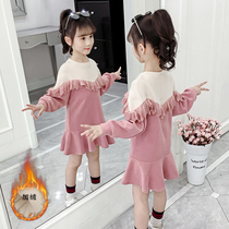 Girls plus velvet dress 2021 new autumn and winter childrens skirt Korean version of foreign style little girl hooded dress dress childrens clothing