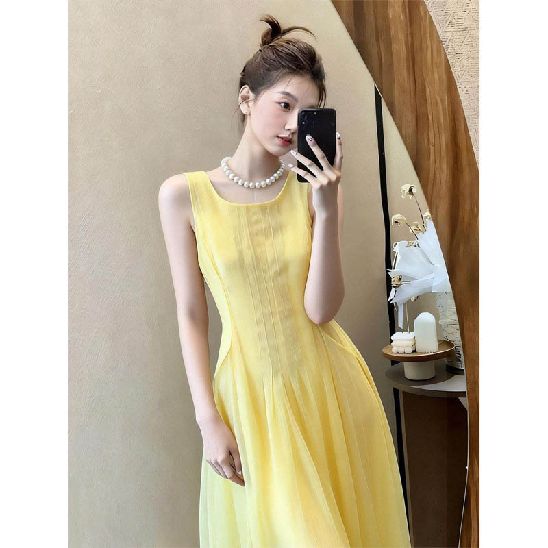 French-Style Yellow Vest Dress for Women, Summer, Petite, Vacation, Beautiful, Unique, Super Pretty, Sleeveless Long Dress French-Style Yellow Vest Dress for Women, Summer, Petite, Vacation, Beautiful, Unique, Super Pretty, Sleeveless Long Dress