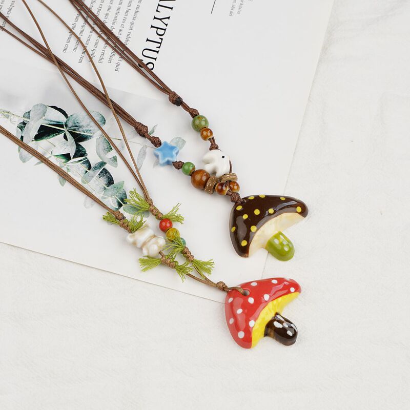 Jingdezhen Summer Fresh Mushroom Necklace for Women, Niche Vacation Style, Beachy Elegant Clavicle Chain, Sweater Chain Accessory