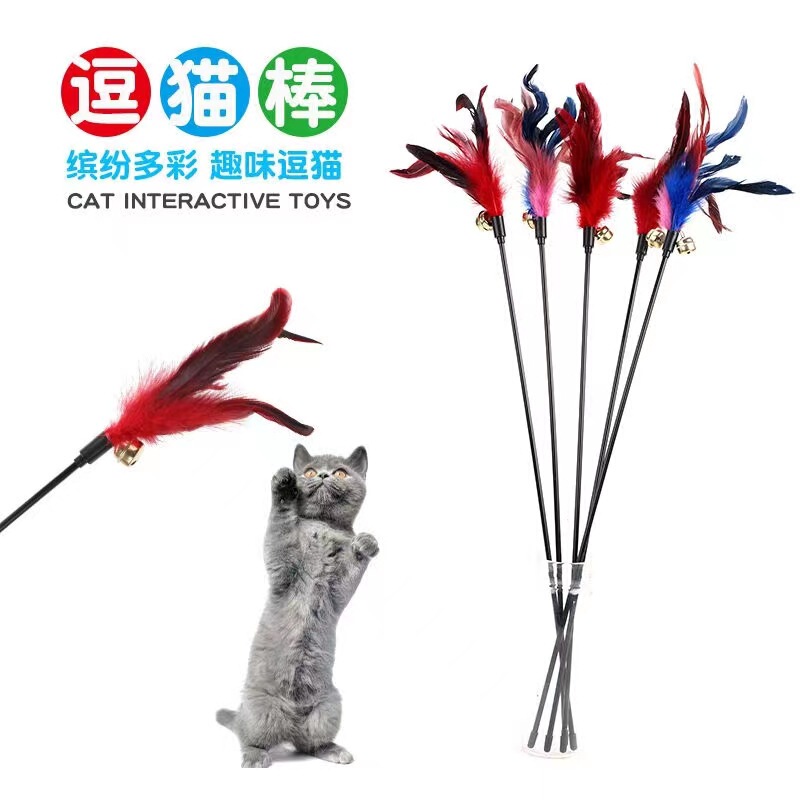 Colorful Feather Teaser Wand 1 Piece, New Model Feather Long Rod Feather Duster for Pets, Cats, Adult Cats, and Kittens, Bite-Resistant