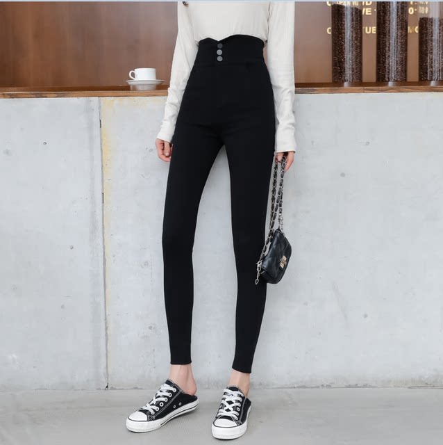 2024 Super High Waist Six Button Fashion Small Leg Pants Three Breast Button Elastic Skinny Leggings Black Spring and Autumn Penants Pants