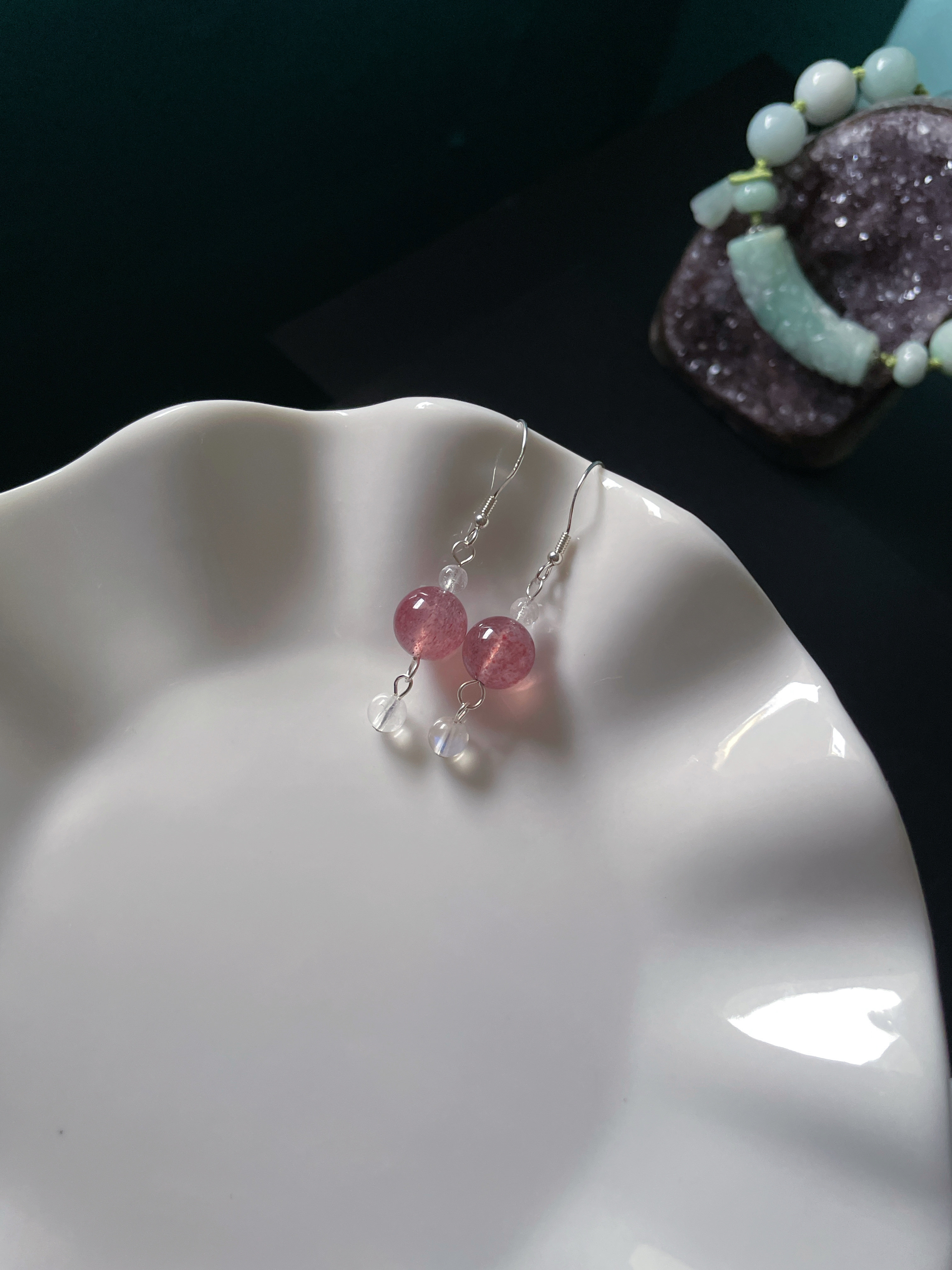 Серьги 天然水晶耳坠925纯银旺爱情粉草莓晶蓝月光耳钩耳环桃花耳饰服装配饰