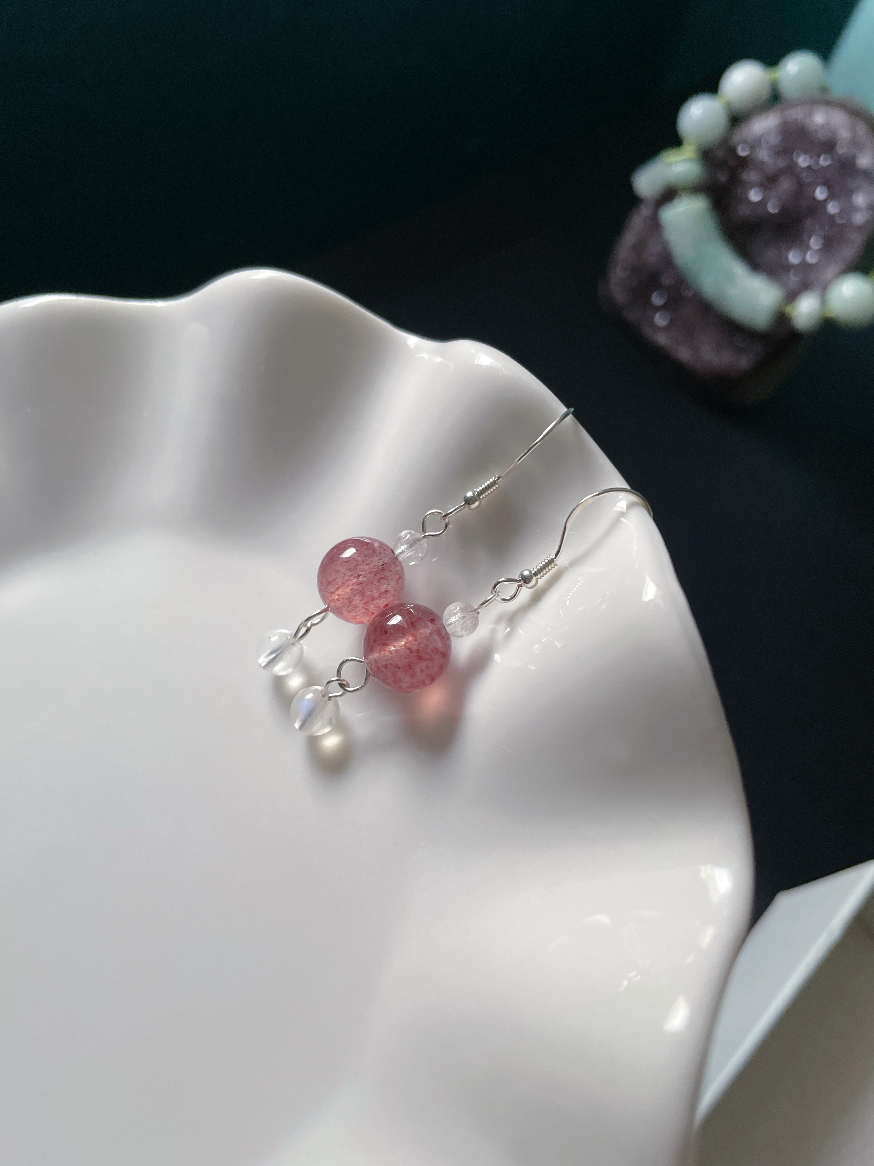 Серьги 天然水晶耳坠925纯银旺爱情粉草莓晶蓝月光耳钩耳环桃花耳饰服装配饰