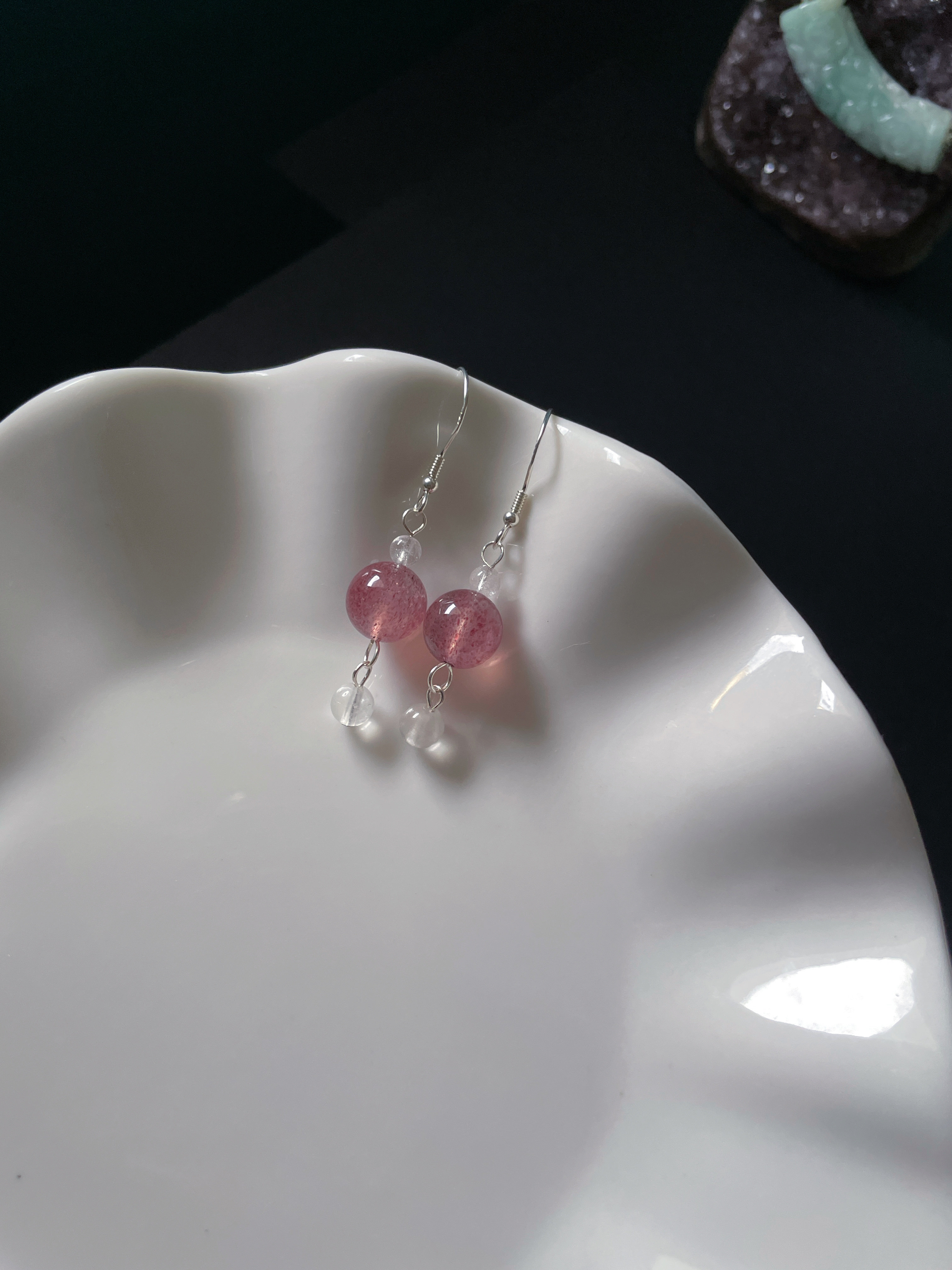 Серьги 天然水晶耳坠925纯银旺爱情粉草莓晶蓝月光耳钩耳环桃花耳饰服装配饰