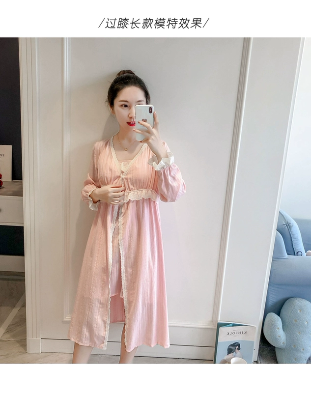 Phụ nữ mùa xuân và mùa thu cotton dài tay ngọt ngào công chúa sling bộ đồ hai mảnh với miếng đệm ngực Hàn Quốc dễ thương phần dài váy ngủ - Đêm đầm