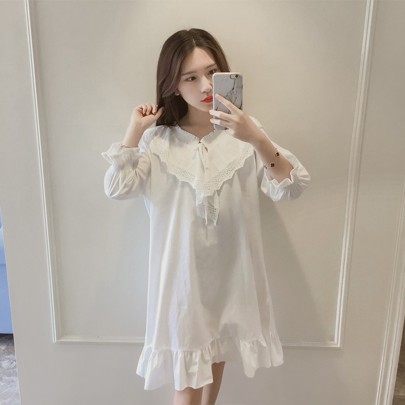 初秋纯棉布蕾丝宽松孕妇睡衣中裙韩版甜美公主荷叶边家居服睡裙女