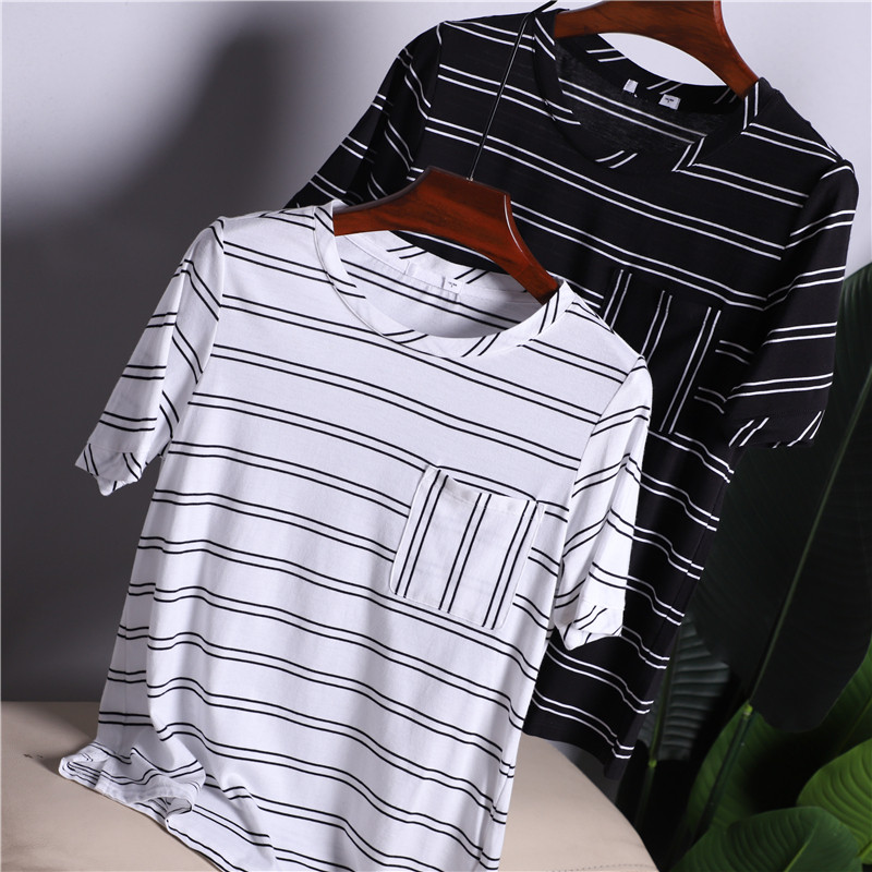 Cost-effective summer women's yarn-dyed striped round neck loose short-sleeved T-shirt modal black and white stripes