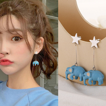 Fun blue elephant earrings female temperament Korean sweet cute long baby elephant earrings without ear hole