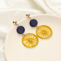 Korean yellow geometric ring long earrings Log compilation exaggerated hipster temperament earrings earrings ear clip without ear hole female