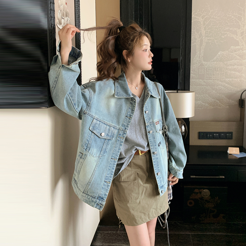 Light Blue Distressed Loose Denim Jacket for Women 2026 Spring New Korean Style Petite Casual Short Jacket