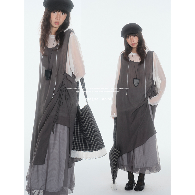 Aoioi Japanese Retro Design Pleated Sleeveless Vest Dress for Women, Summer Loose Slimming A-Line Dress