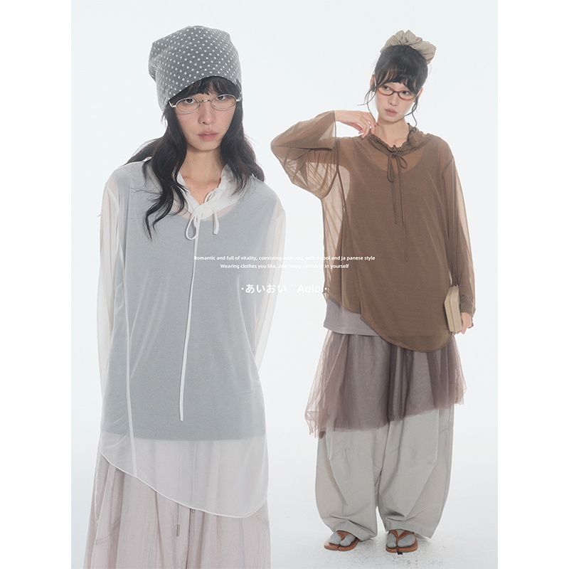 Aoioi Japanese Retro Sun-Protective Hooded Mesh T-Shirt for Women, Summer Loose Fit, Slimming Layered Design Top Aoioi Japanese Retro Sun-Protective Hooded Mesh T-Shirt for Women, Summer Loose Fit, Slimming Layered Design Top
