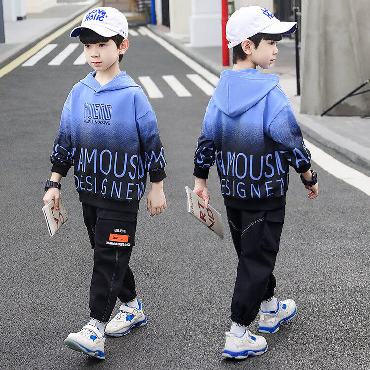 Boys' sports suit spring and autumn 2022 new middle and big boys handsome spring clothes children's fried street hooded sweater two-piece set
