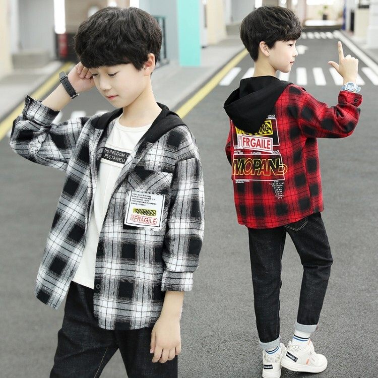 Boys' long-sleeved shirt spring and autumn tops 2023 new middle and big boys plaid shirt spring wear Korean version of the tide