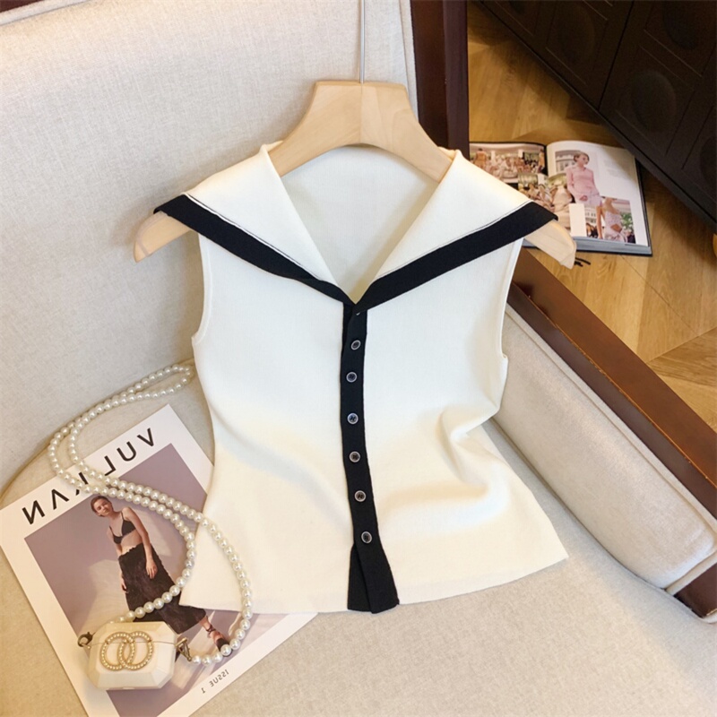 High-End Brand Clearance Women's French Sailor Collar Color-Block Knit Vest, Unique Sleeveless Summer Top