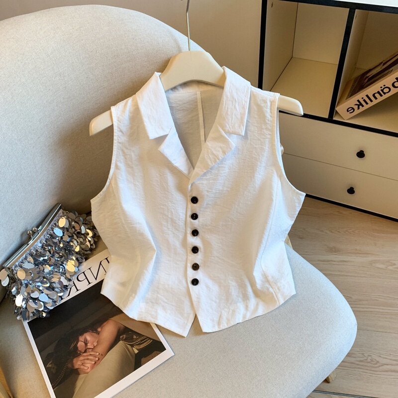 Old Money Style Single-Breasted Lapel Sleeveless Shirt for Women, Summer 2026 New Slim-Fit Linen Vest Short Top